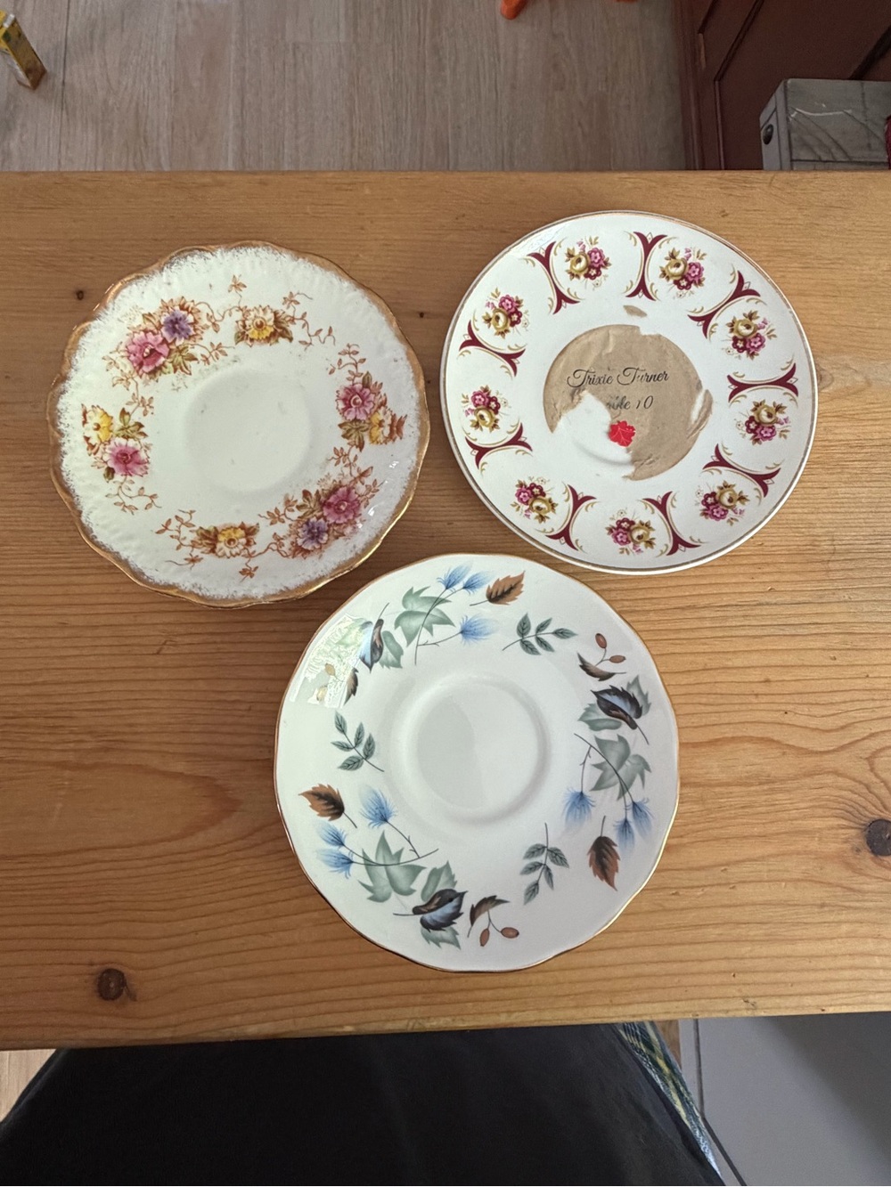 Royal Albert White Saucer Trio with Pink, Gold and Blue Floral Accents